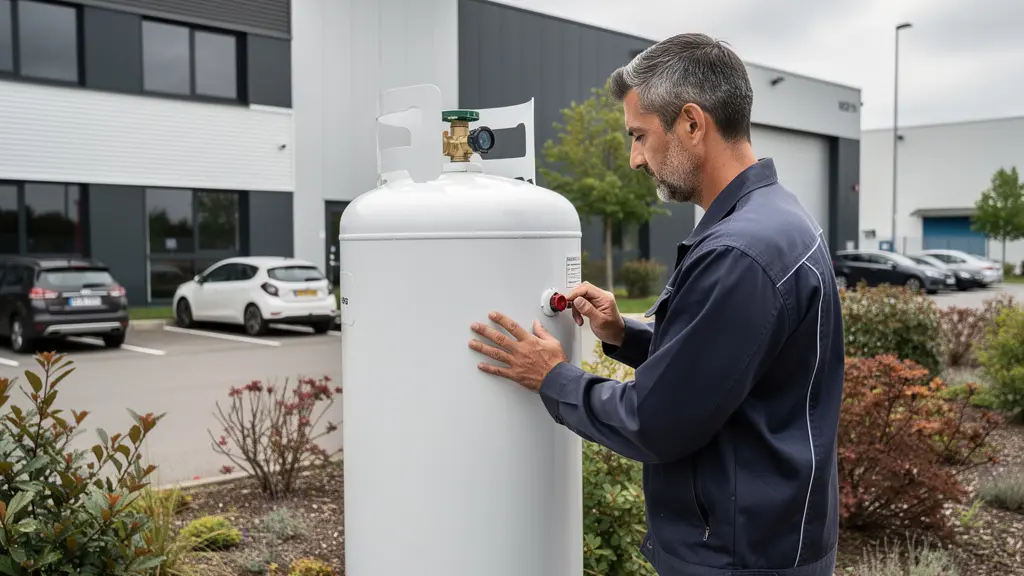 Citerne propane installée devant bâtiment industriel avec technicien effectuant contrôle