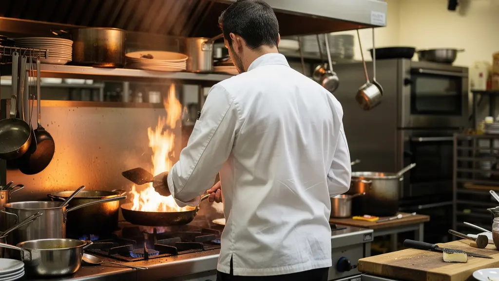 Chef cuisinier utilisant fourneaux gaz propane dans cuisine professionnelle