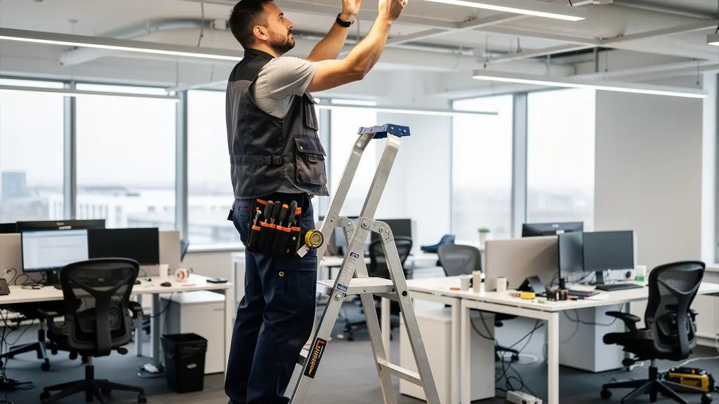 Électricien installant un panneau LED dans un open space dans le cadre de travaux d'efficacité énergétique