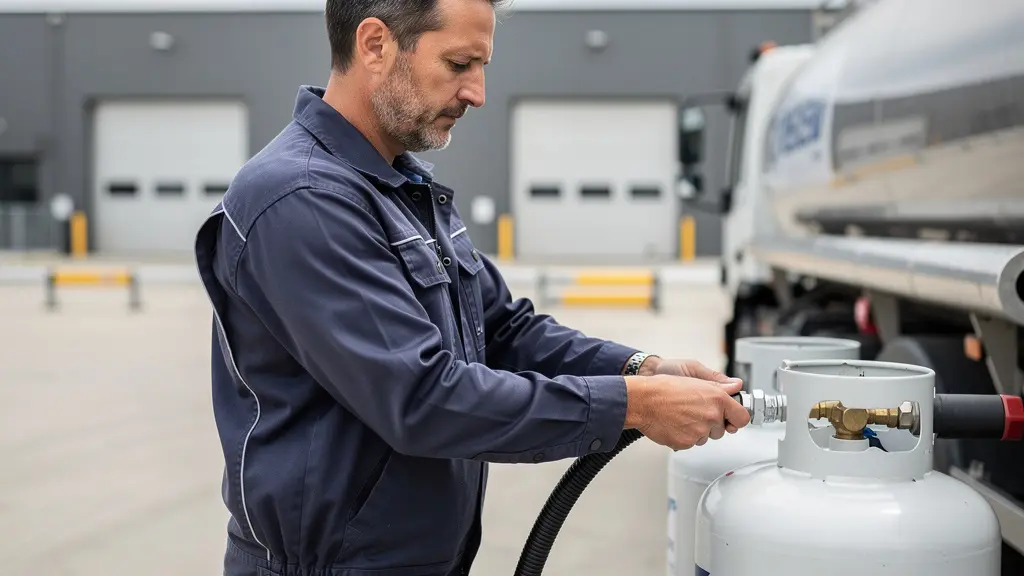 Camion de livraison propane effectuant remplissage citerne professionnelle