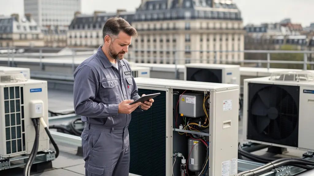 Technicien inspectant des unités de climatisation sur le toit d'un immeuble de bureaux pour un diagnostic décret tertiaire